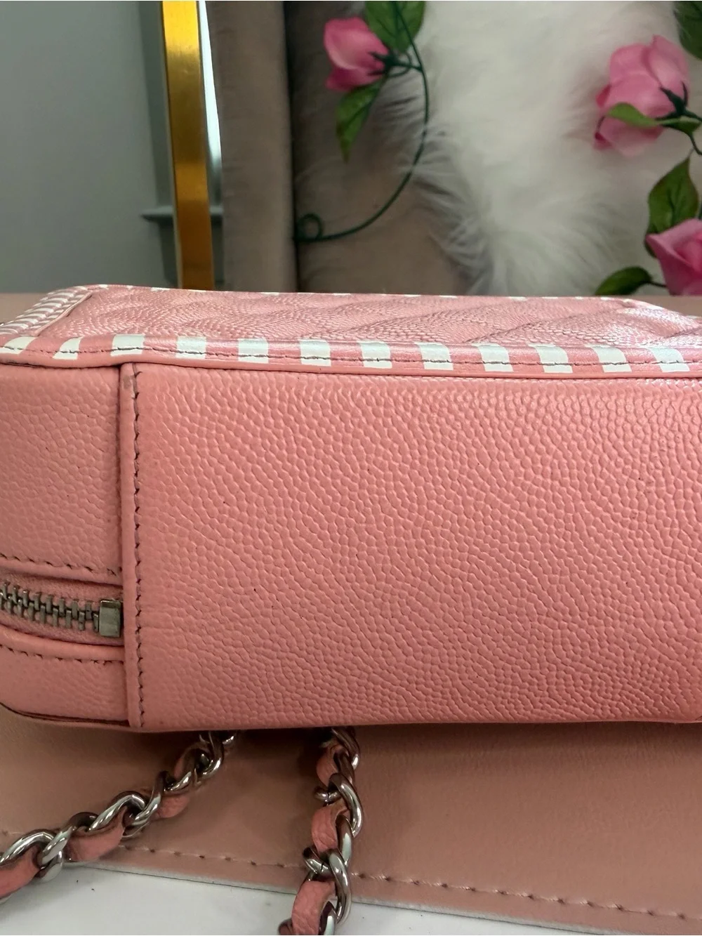 Chanel Pink Caviar Leather Striped La Pausa Camera Bag Case Crossbody Black Card